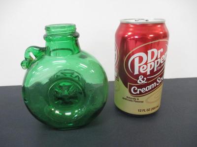 Vintage Green Glass With Handle & Raised Emblem