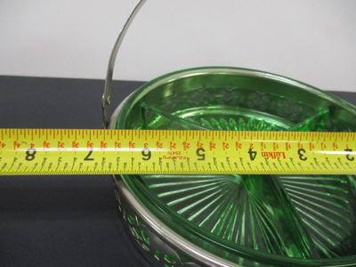 Vintage Emerald Green Divided Glass Dish With Reticulated Metal Caddy