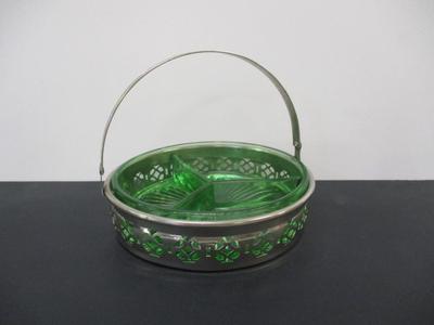 Vintage Emerald Green Divided Glass Dish With Reticulated Metal Caddy