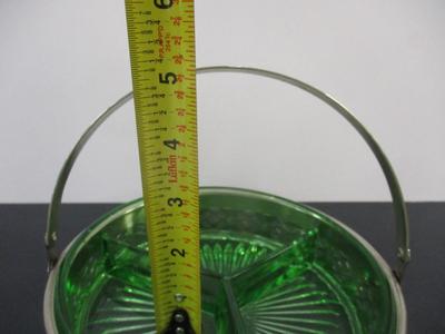 Vintage Emerald Green Divided Glass Dish With Reticulated Metal Caddy