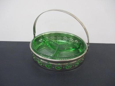 Vintage Emerald Green Divided Glass Dish With Reticulated Metal Caddy