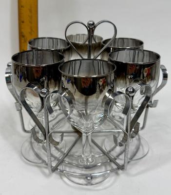 MCM Bar Set with 6 wine glasses and a Metal Caddy Clear w/ Silver Fade Rim