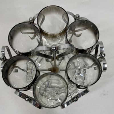 MCM Bar Set with 6 wine glasses and a Metal Caddy Clear w/ Silver Fade Rim