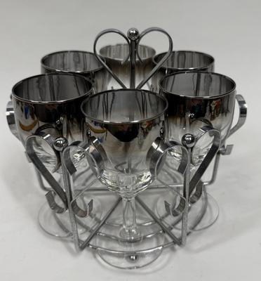 MCM Bar Set with 6 wine glasses and a Metal Caddy Clear w/ Silver Fade Rim