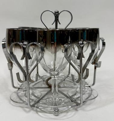 MCM Bar Set with 6 wine glasses and a Metal Caddy Clear w/ Silver Fade Rim