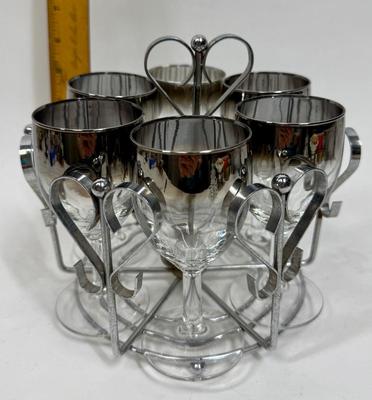 MCM Bar Set with 6 wine glasses and a Metal Caddy Clear w/ Silver Fade Rim