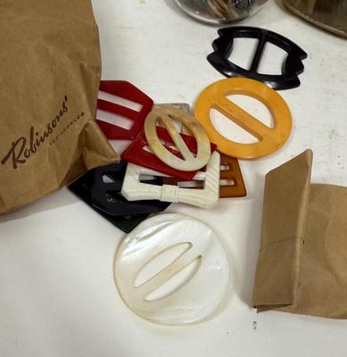 Vintage Button & Buckle Collection & vintage advertising containers