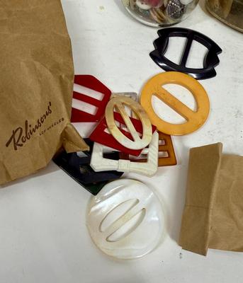 Vintage Button & Buckle Collection & vintage advertising containers
