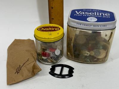 Vintage Button & Buckle Collection & vintage advertising containers
