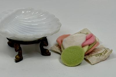 Hollywood Regency Soap Dish Milky White Glass dish with Brass base and vintage puffs