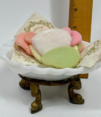 Hollywood Regency Soap Dish Milky White Glass dish with Brass base and vintage puffs