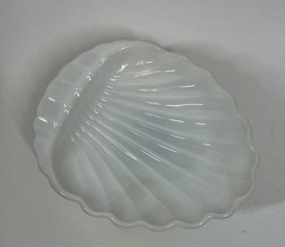Hollywood Regency Soap Dish Milky White Glass dish with Brass base and vintage puffs