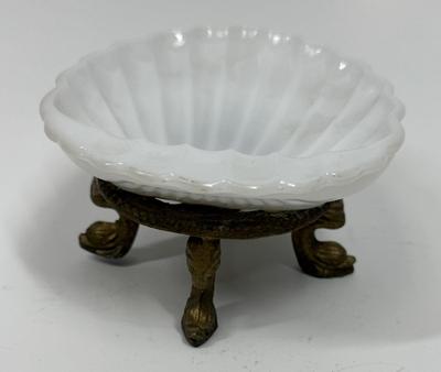 Hollywood Regency Soap Dish Milky White Glass dish with Brass base and vintage puffs
