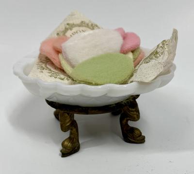 Hollywood Regency Soap Dish Milky White Glass dish with Brass base and vintage puffs