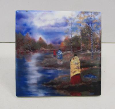 Hand Painted "Autumn Waters" Oklahoma Native Artist Jeanne Rorex Bridges Tile