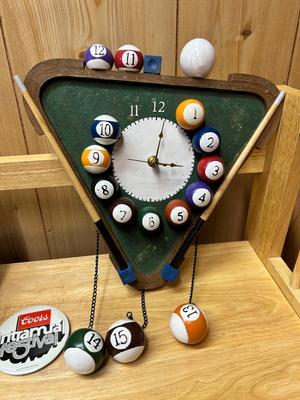 POOL BALL WALL CLOCK, COORS LIGHT KEG CAN AND COORS BUTTON PLUS DARTS