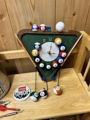 POOL BALL WALL CLOCK, COORS LIGHT KEG CAN AND COORS BUTTON PLUS DARTS