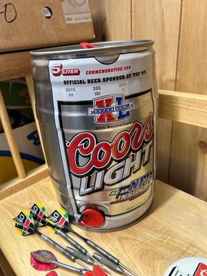 POOL BALL WALL CLOCK, COORS LIGHT KEG CAN AND COORS BUTTON PLUS DARTS