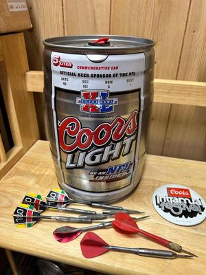 POOL BALL WALL CLOCK, COORS LIGHT KEG CAN AND COORS BUTTON PLUS DARTS
