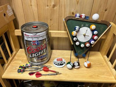POOL BALL WALL CLOCK, COORS LIGHT KEG CAN AND COORS BUTTON PLUS DARTS