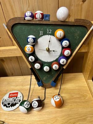 POOL BALL WALL CLOCK, COORS LIGHT KEG CAN AND COORS BUTTON PLUS DARTS