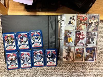 3 RING BINDER OF FOOTBALL CARDS AND COLLECTIBLE TINS