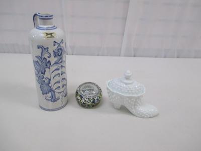 Glass Paperweight Dated 1910 "Beryl" Surface Scratches Hobnail Shoe Stoneware Jug