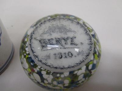 Glass Paperweight Dated 1910 "Beryl" Surface Scratches Hobnail Shoe Stoneware Jug