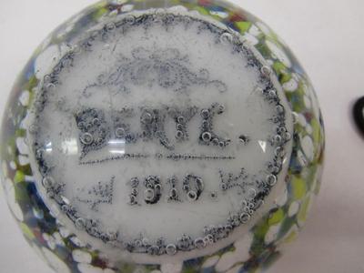 Glass Paperweight Dated 1910 "Beryl" Surface Scratches Hobnail Shoe Stoneware Jug