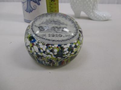 Glass Paperweight Dated 1910 "Beryl" Surface Scratches Hobnail Shoe Stoneware Jug