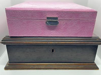 LOT 279: Jewelry Boxes: Vintage Wooden Red Velvet Lined + Pink Faux Suede