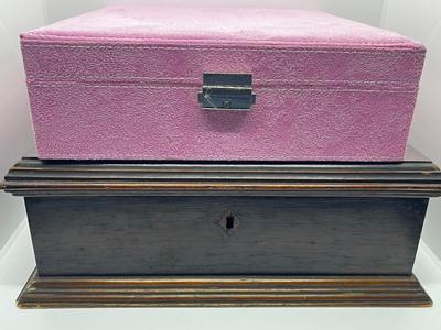 LOT 279: Jewelry Boxes: Vintage Wooden Red Velvet Lined + Pink Faux Suede