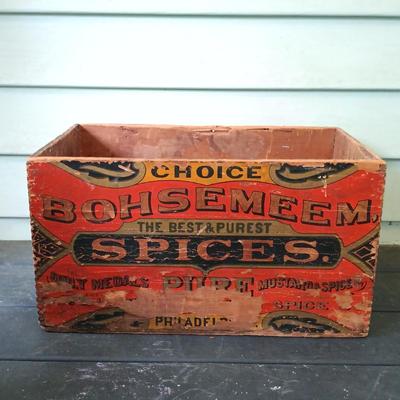 LOT 313: Antique Bohsemeem Spices Advertisement Wood Box with Holiday Decor