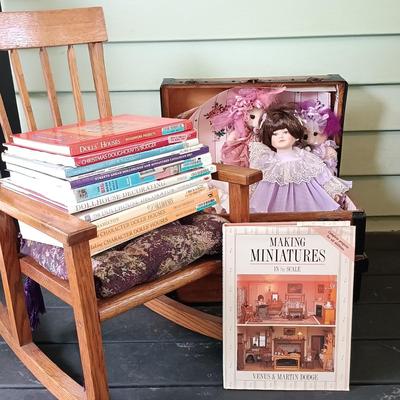 LOT 314: Antique Wooden Chest with Dolls, Child's Rocking Chair & Books on Doll House Miniatures