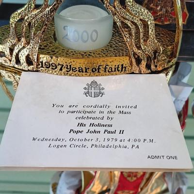 LOT 316: Pope John Paul II Collectible Figurine w/ Rosaries, Candle Holder and 1979 Mass Invitation
