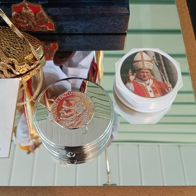 LOT 316: Pope John Paul II Collectible Figurine w/ Rosaries, Candle Holder and 1979 Mass Invitation