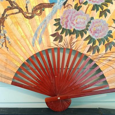 LOT 318: Large 6ft Gilt Handpainted Chinese Paper and Lacquered Wood Fan