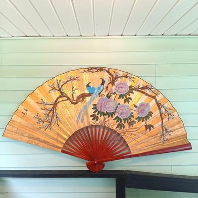 LOT 318: Large 6ft Gilt Handpainted Chinese Paper and Lacquered Wood Fan