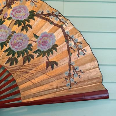 LOT 318: Large 6ft Gilt Handpainted Chinese Paper and Lacquered Wood Fan