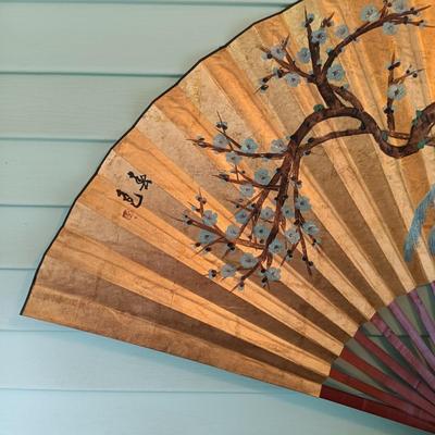 LOT 318: Large 6ft Gilt Handpainted Chinese Paper and Lacquered Wood Fan