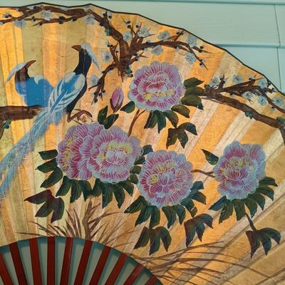 LOT 318: Large 6ft Gilt Handpainted Chinese Paper and Lacquered Wood Fan