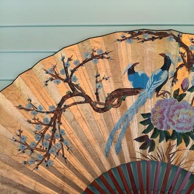 LOT 318: Large 6ft Gilt Handpainted Chinese Paper and Lacquered Wood Fan