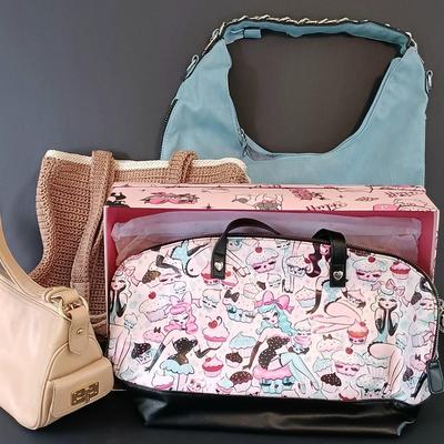 LOT 320: Miss Fluff Cupcake Doll Shoulder Bag, Blue Faux Leather Shoulderbag, The Sak Crocheted Purse & Ralph Lauren Purse