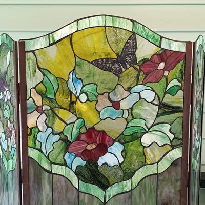 LOT 321: Butterflies and Flowers Stained Glass Fireplace Screen