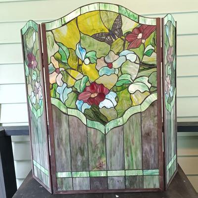 LOT 321: Butterflies and Flowers Stained Glass Fireplace Screen