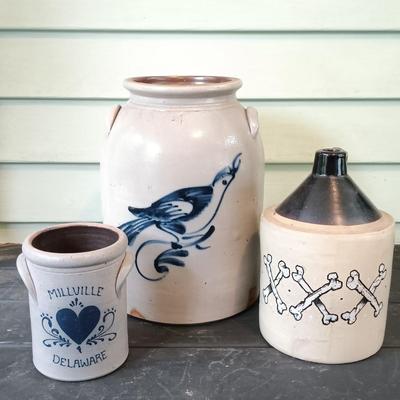 LOT 350: Set of (3) Vintage Crockery Jugs Featuring Rockdale Union Stoneware