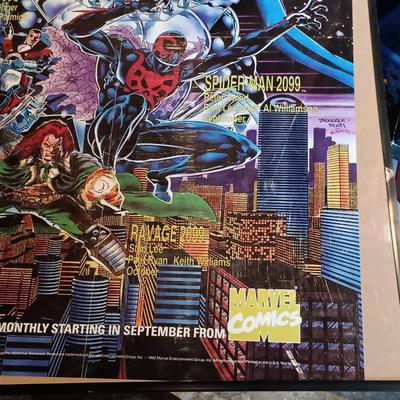 LOT 365: Signed Joe Jusko Marvel Collector Cards Promotional Poster, Marvel Comics 2099 Promotional Poster, Deadpool and Harley Quinn...