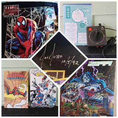 LOT 365: Signed Joe Jusko Marvel Collector Cards Promotional Poster, Marvel Comics 2099 Promotional Poster, Deadpool and Harley Quinn...