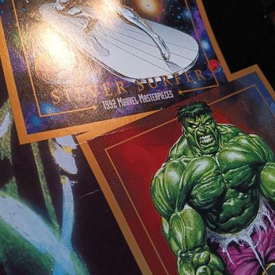 LOT 365: Signed Joe Jusko Marvel Collector Cards Promotional Poster, Marvel Comics 2099 Promotional Poster, Deadpool and Harley Quinn...