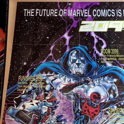 LOT 365: Signed Joe Jusko Marvel Collector Cards Promotional Poster, Marvel Comics 2099 Promotional Poster, Deadpool and Harley Quinn...